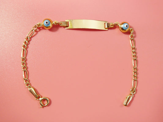 14K real solid yellow gold 5.5 inch Figaro style evil eye baby ID bracelet