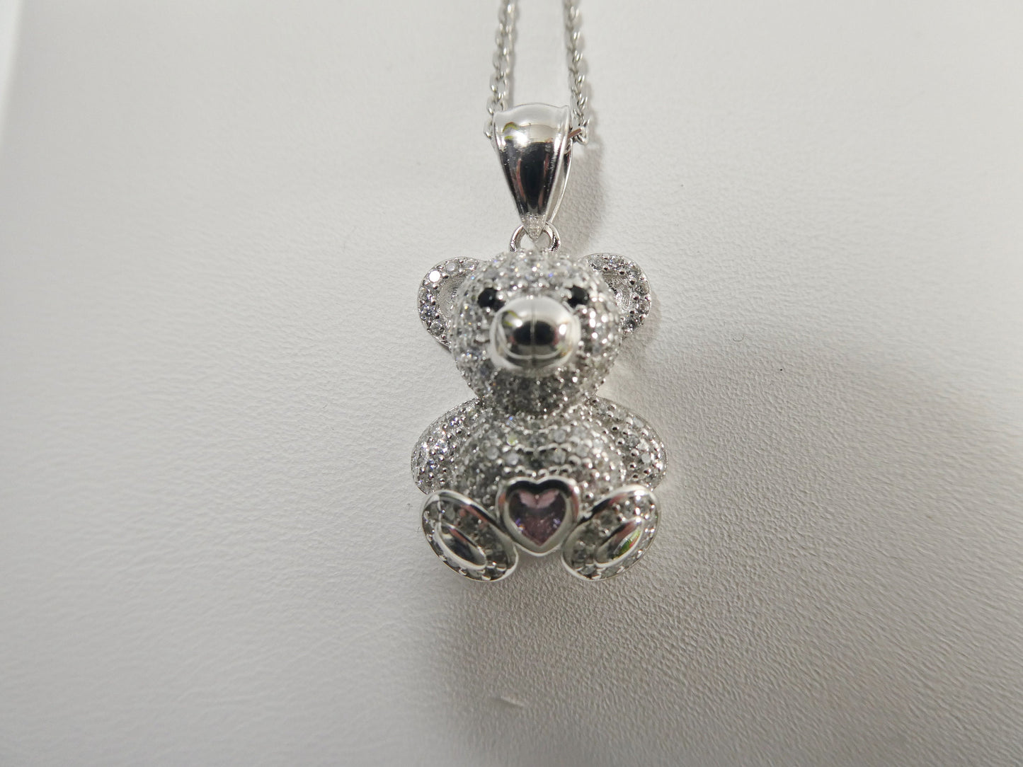 925 sterling silver teddy bear pink stone set chain and pendent
