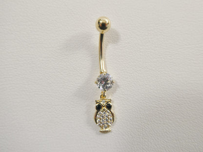 14k Real Solid Yellow Gold Owl Dangling Belly Button Ring Piercing
