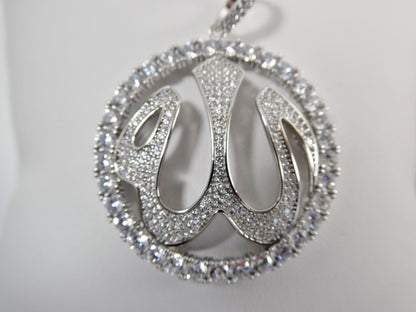 Real 925 Sterling Silver Large Muslim Allah Pendent Full ice Stone Charm