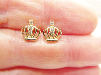 Real 10k Solid Yellow Gold Crown Push Post Stud Earrings