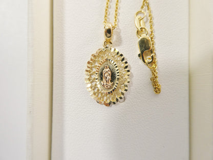10k Real Solid Yellow Gold Guadalupe Pendent and 18 Inch Cable Necklace