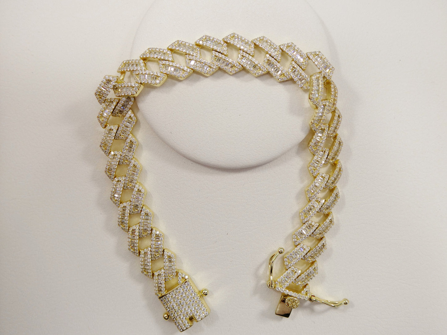 8.5 inch 14k yellow gold color Monaco bracelet baguette setting over real solid 925 sterling silver