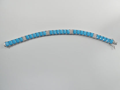 7 inch Real 925 Sterling Silver Rectangle Turquoise Tennis Bracelet