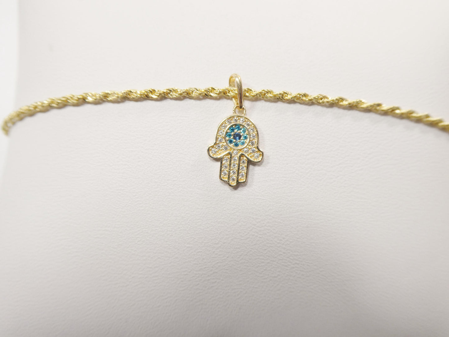14k real solid yellow gold hand hamsa  pendent and rope necklace