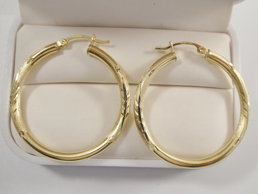 14K real solid yellow gold 35mm round hoop earring snap closure diamond cut finish