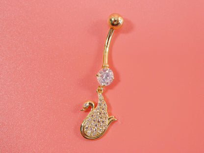 14k Real Solid Yellow Gold Dangling Duck Belly Button Ring Piercing