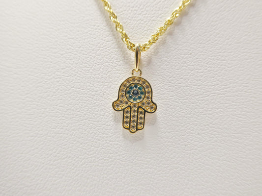 14k real solid yellow gold hand hamsa  pendent and rope necklace