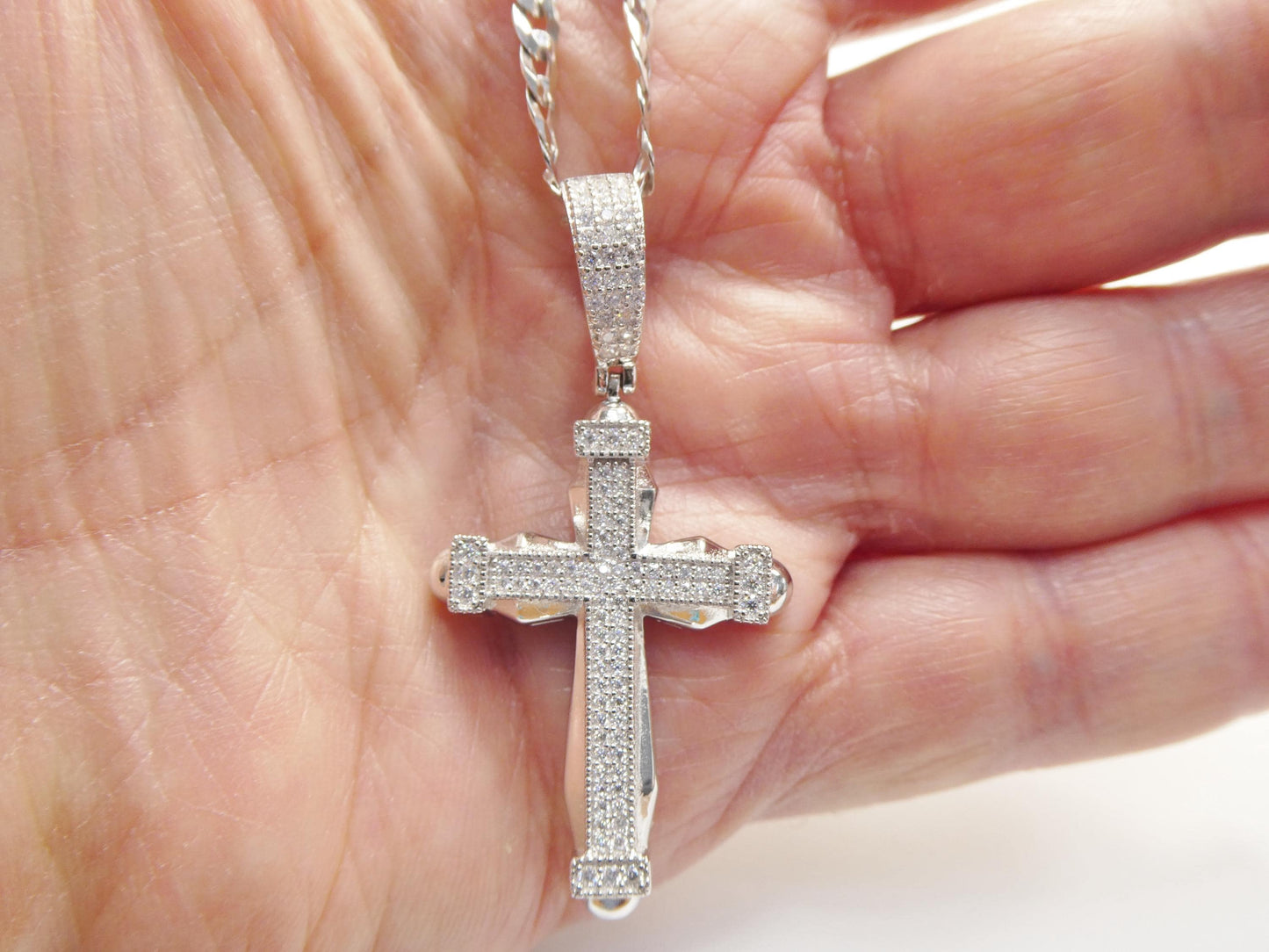 real 925 sterling silver 22 inch flat chain and moissanite cross pendent charm
