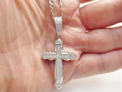 Real 925 Sterling Silver 22 Inch Flat Chain and Moissanite Cross Pendent Charm