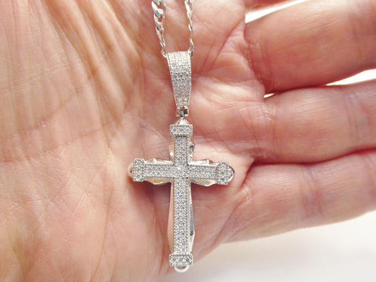 real 925 sterling silver 22 inch flat chain and moissanite cross pendent charm