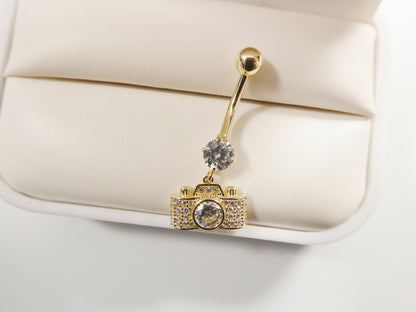 14k Real Solid Yellow Gold Camera Dangling Belly Button Ring Piercing
