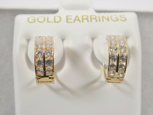 real 10k solid yellow gold 2 line prong setting huggie hoop 13mm earrings