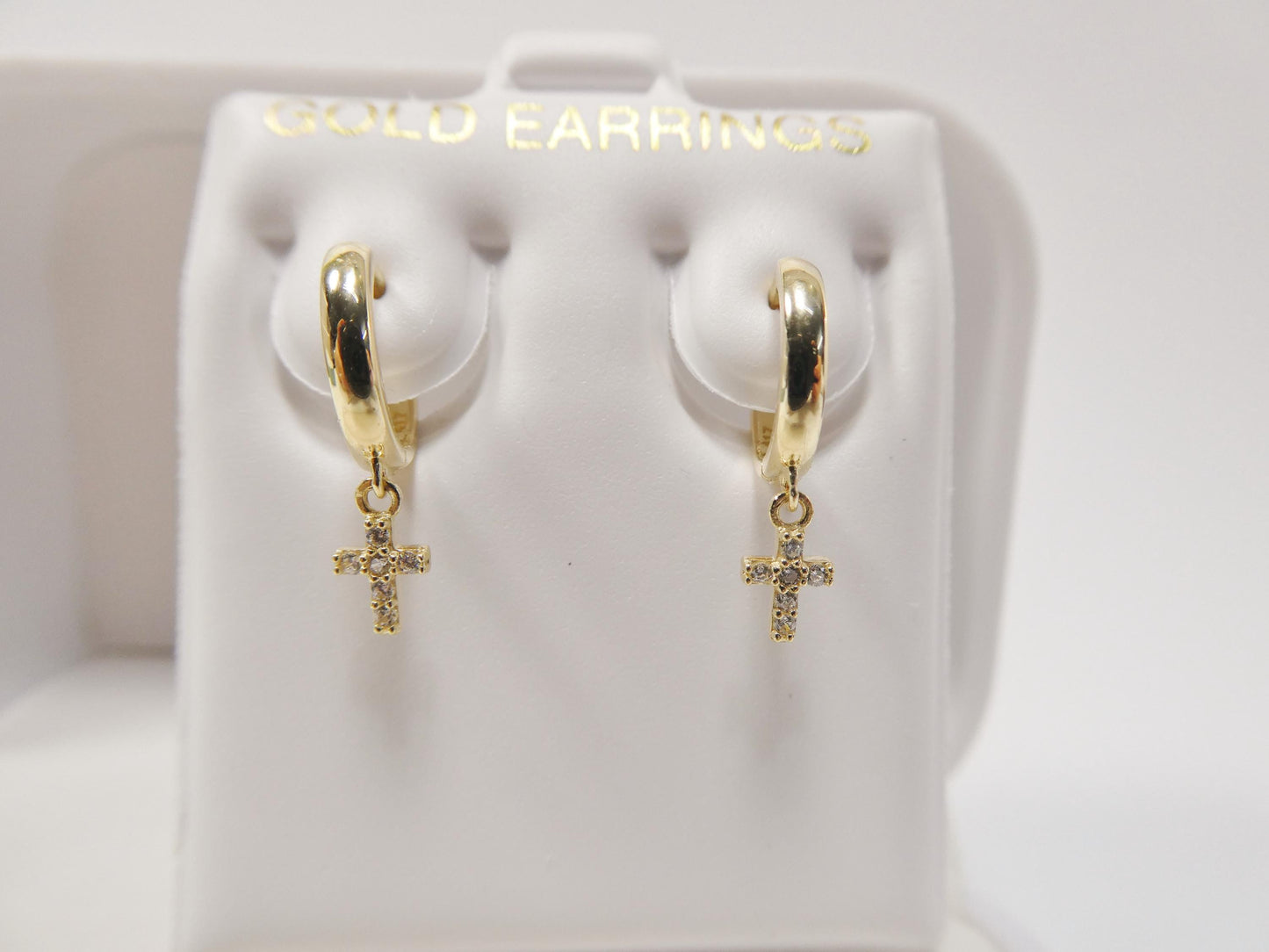 real 10k solid yellow gold cross dropping hoop huggie earrings