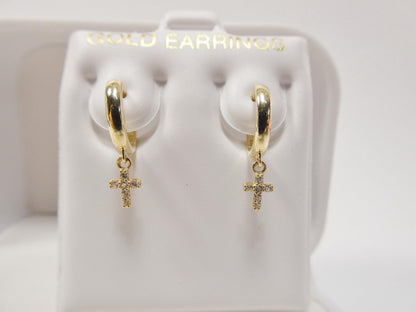 Real 10k Solid Yellow Gold Cross Dropping Hoop Huggie Earrings