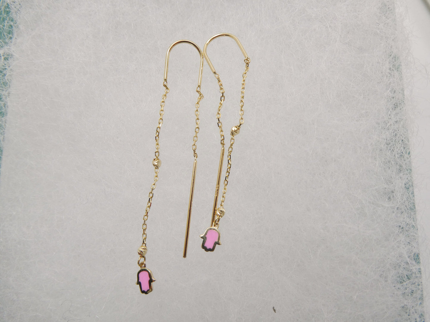 14k real solid yellow gold hamsa hand  long dangling earrings