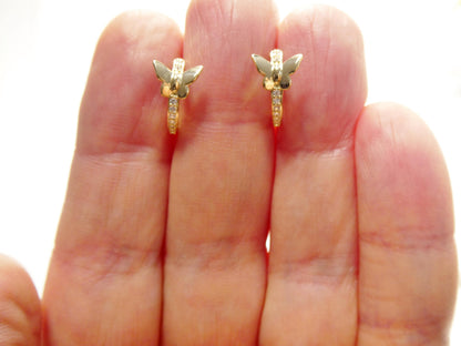 Real 10k Solid Yellow Gold Designer Butterfly Hoop Huggie Earrings