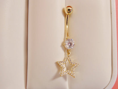 14k Real Solid Yellow Gold Dangling Star Belly Button Ring Piercing
