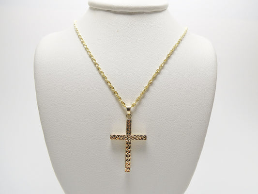 14k real solid yellow gold diamond cut cross pendent and robe necklace
