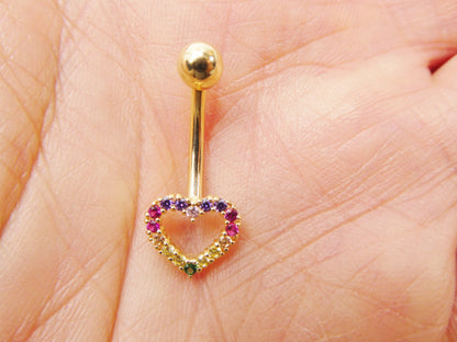 14k Real Solid Yellow Gold Rainbow Heart Belly Button Ring Piercing