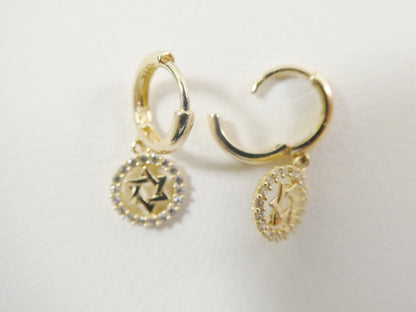 10k Real Solid Gold Star David Dangle On Plain Huggie Fancy Earrings