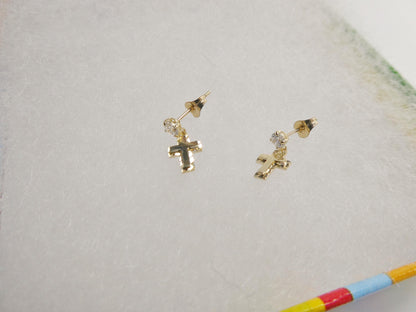 Real 10k Solid Yellow Gold Cross Dropping Push Post Earrings