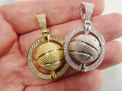Real 925 Sterling Silver Basket Ball Charm Pendent 14k Yellow Gold Finish
