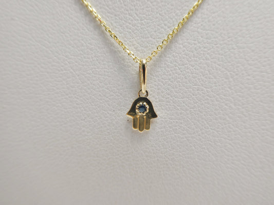 14k real solid yellow gold tiny hand hamsa  pendent and cable necklace