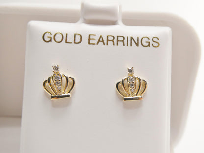 Real 10k Solid Yellow Gold Crown Push Post Stud Earrings