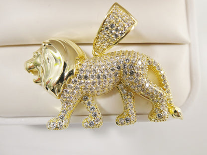 Real 925 Sterling Silver Full Stone Setting Large Lion Pendent
