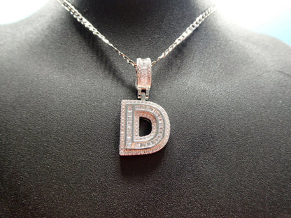 Real 925 Sterling Silver Baguette Initial Pendent With 18 Inch Small Miami Chain