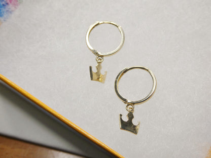 Real 10k Solid Yellow Gold Crown Hoop Huggie Earrings