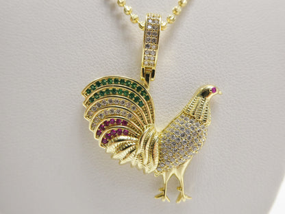 Real 925 Sterling Silver 2mm Moon Chain and Rooster Pendent