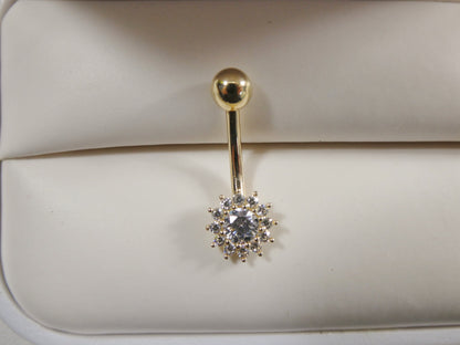14k Real Solid Yellow Gold Flower Belly Button Ring piercing