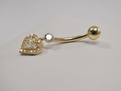14k Real Solid Yellow Gold Dangling Heart Belly Button Ring Piercing