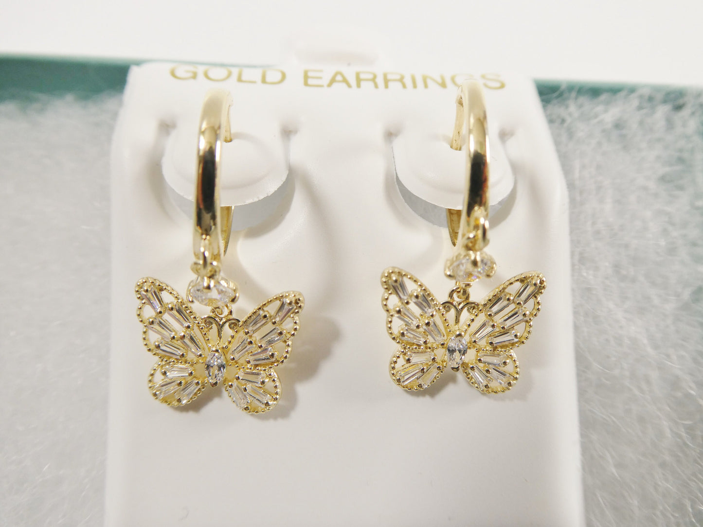 real 10k solid yellow gold butterfly drop baguette setting hoop huggie earring
