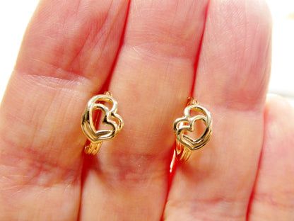 Real 10k Solid Yellow Gold Designer Double Heart  Hoop Huggie Earrings