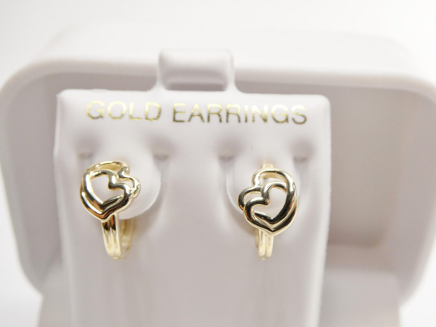 real 10k solid yellow gold designer double heart  hoop huggie earrings