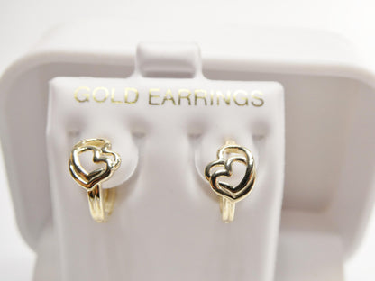 Real 10k Solid Yellow Gold Designer Double Heart  Hoop Huggie Earrings