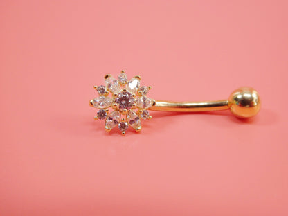 14k Real Solid Yellow Gold Flower Belly Button Ring Piercing