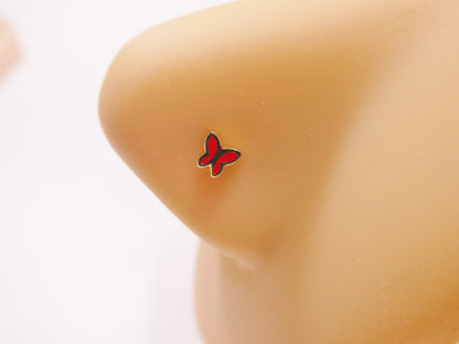 14k Real Solid Yellow Gold Red Butterfly Enamel Stud Nose Ring