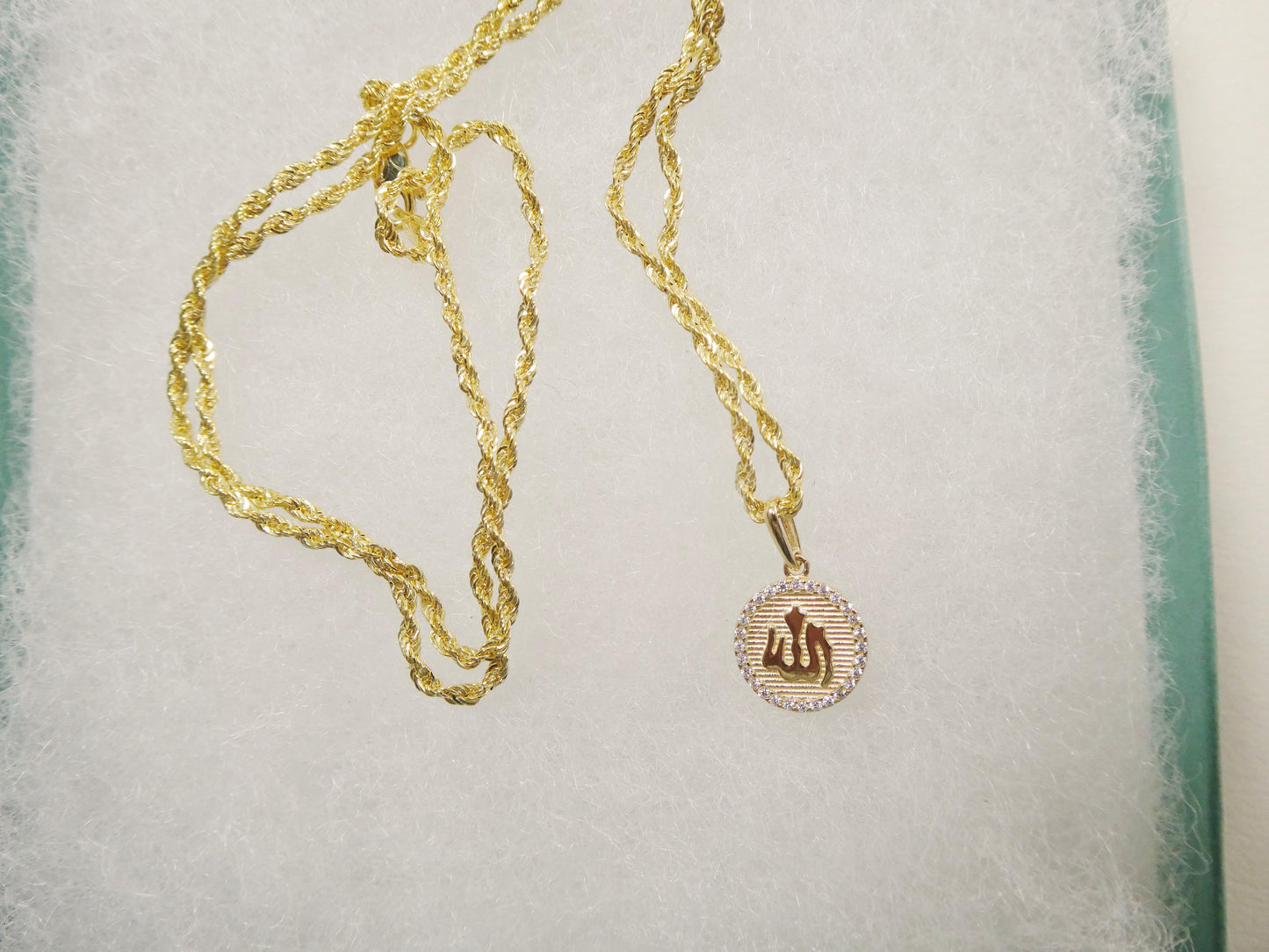 14k real solid yellow gold muslim pendent and rope necklace