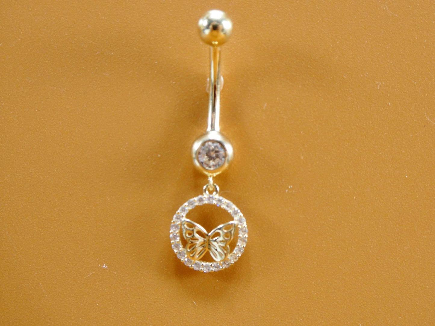 14k real solid yellow gold dangling circle butterfly belly button ring piercing