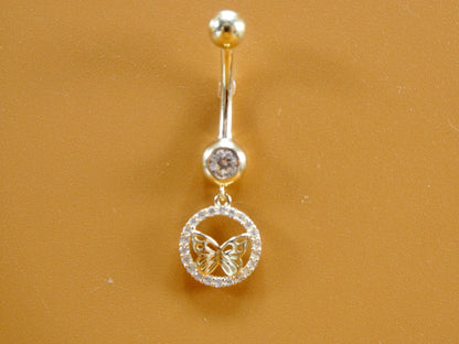 14k Real Solid Yellow Gold Dangling Circle Butterfly Belly Button Ring Piercing