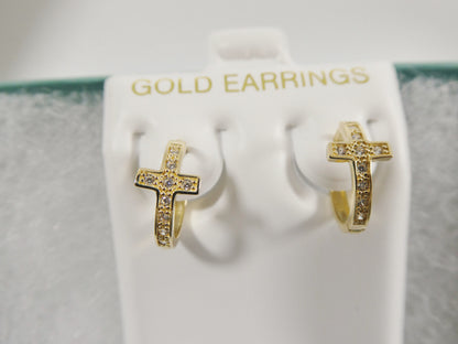 Real 10k Solid Yellow Gold Cross Hoop Huggie Earring
