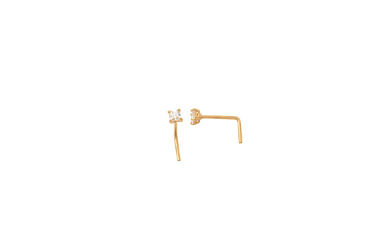 14k real solid yellow gold L SHAPE 2mm square stone stud nose ring