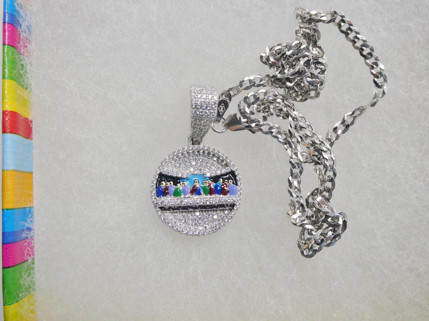 real 925 sterling silver 20 inch flat chain and enamel last supper pendent charm