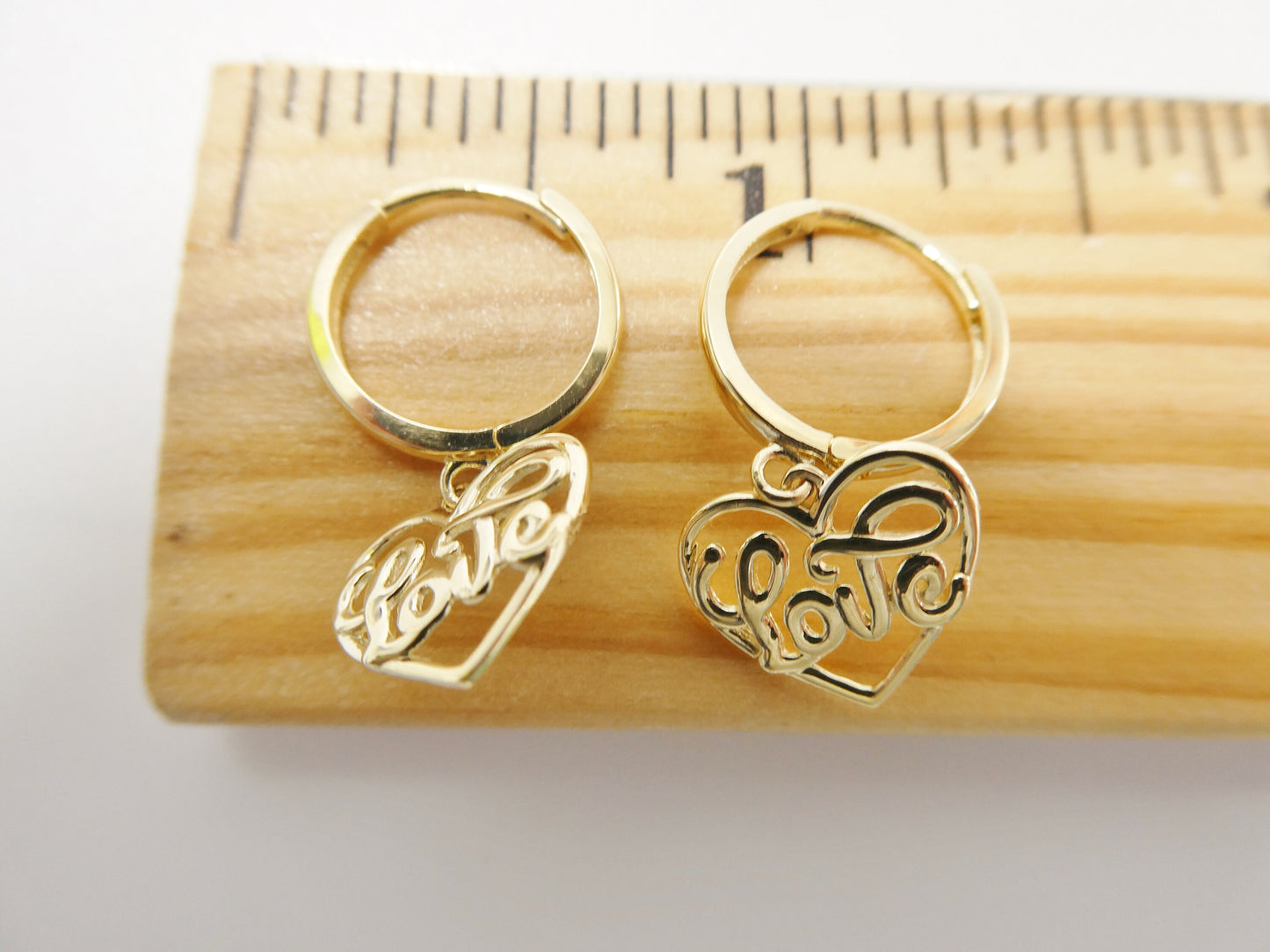 real 10k solid yellow gold script love letter heart drop super polish hoop huggie earrings
