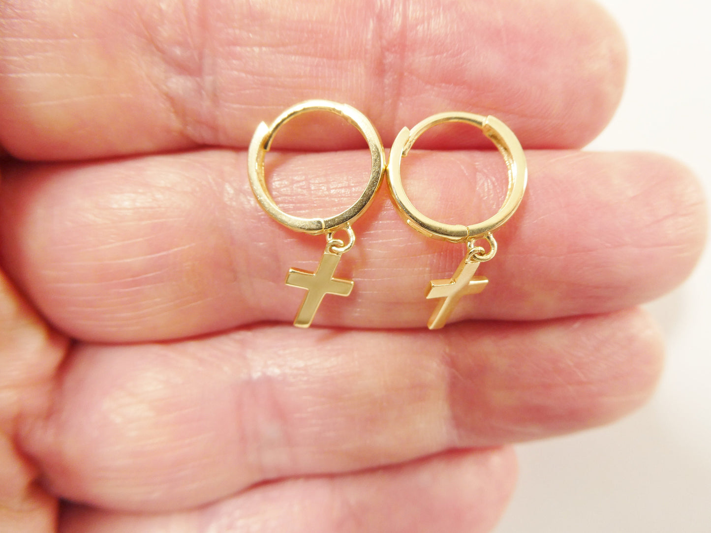 real 10k solid yellow gold cross dropping hoop huggie earring