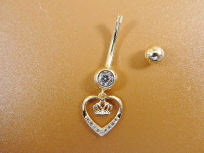 14k Real Solid Yellow Gold Dangling Crown Heart Belly Button Ring Piercing